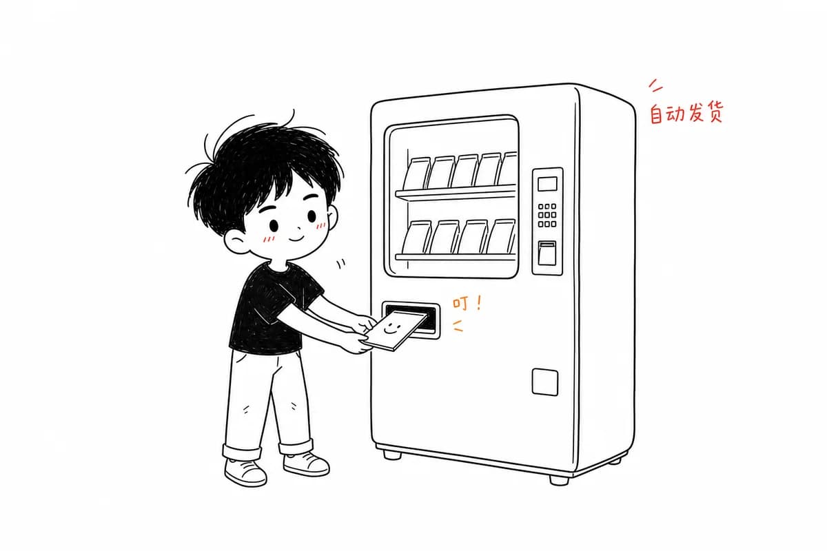 小双站在自动售货机旁，机器叮地吐出一张卡片，他伸手接住